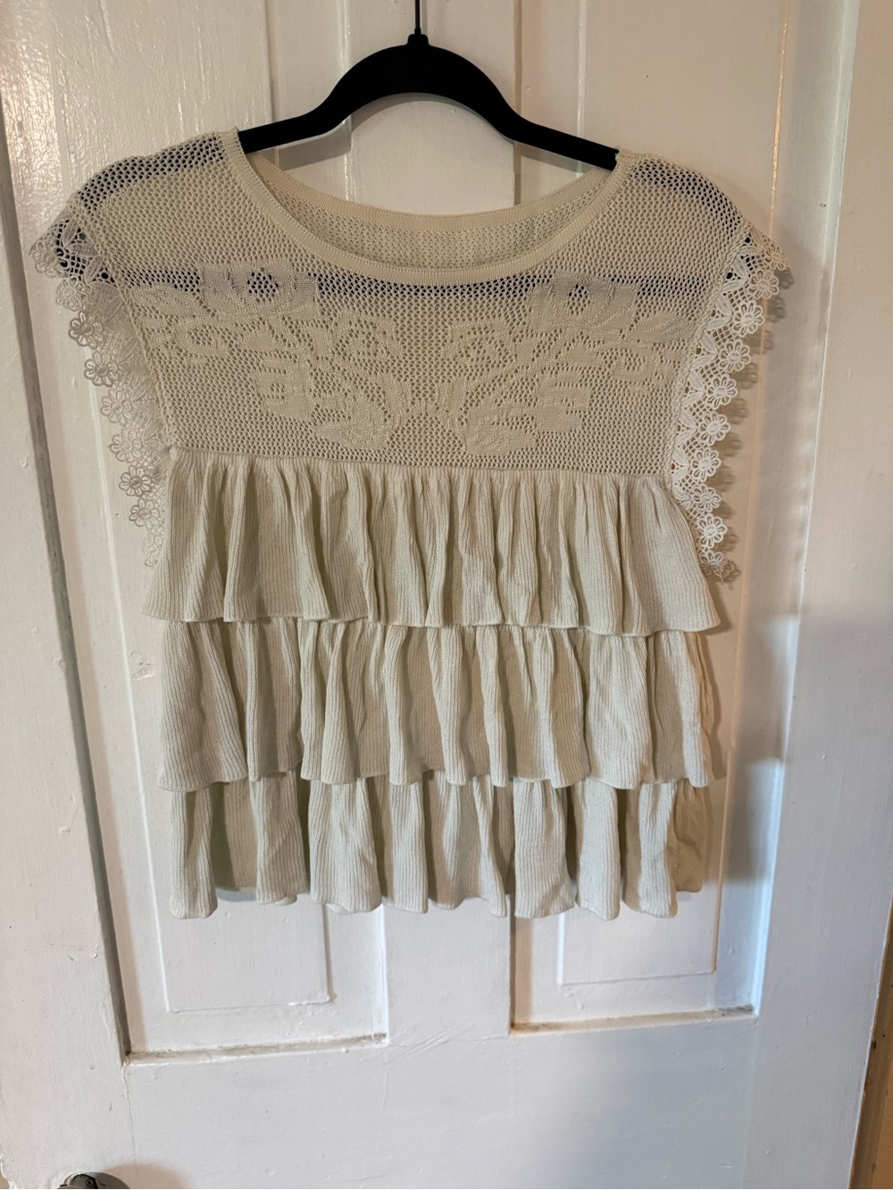 Bluivy Cream Crochet Yoke Ruffle Tiered Top